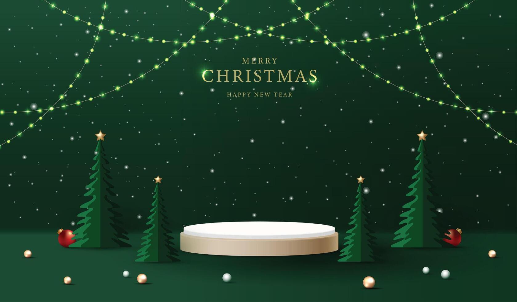 Podium shape for show cosmetic product display for christmas day or new years. Stand product showcase on green background with lighting christmas. design. vector