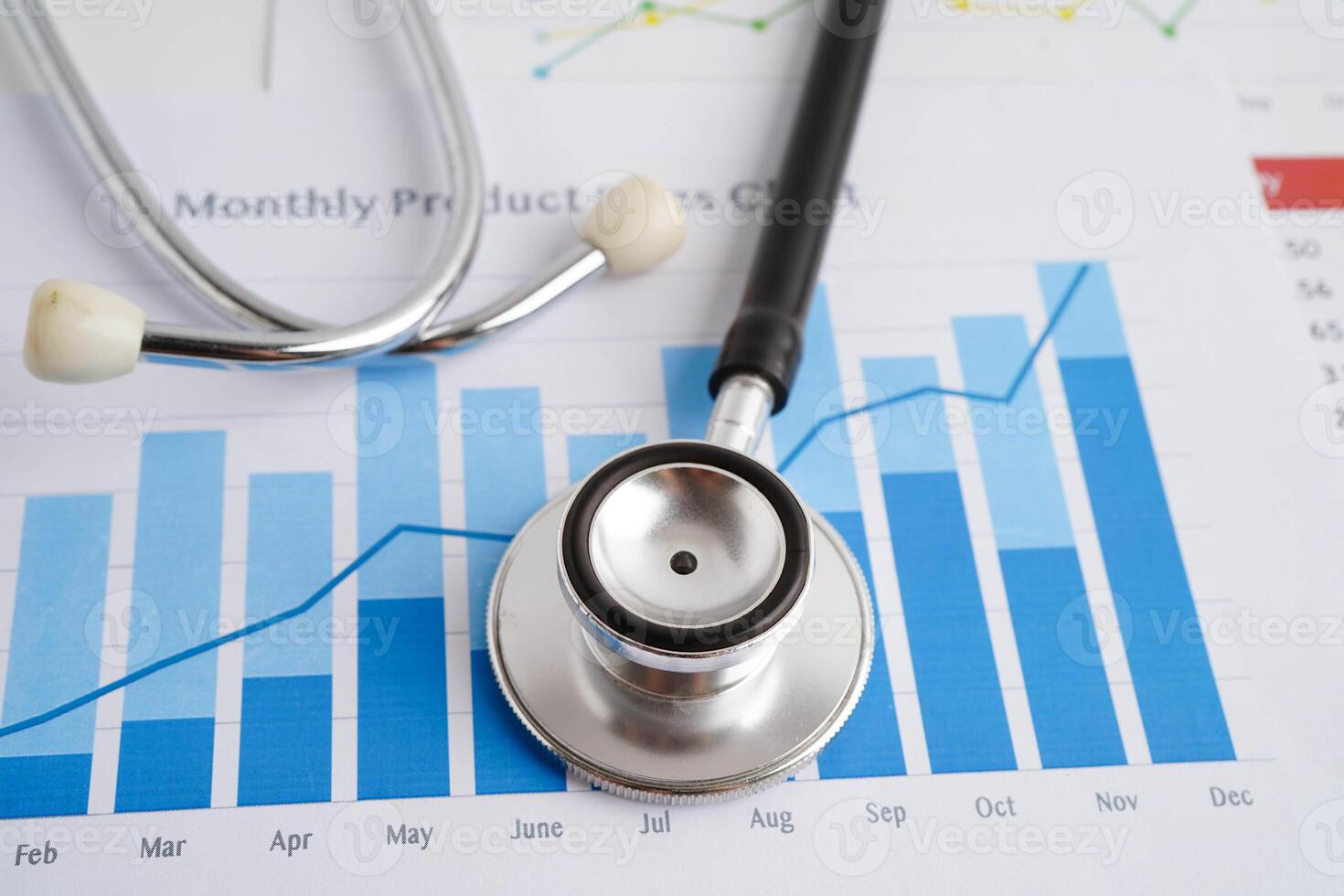 Stethoscope on chart or graph paper, Financial, account, statistics and business data medical health. photo