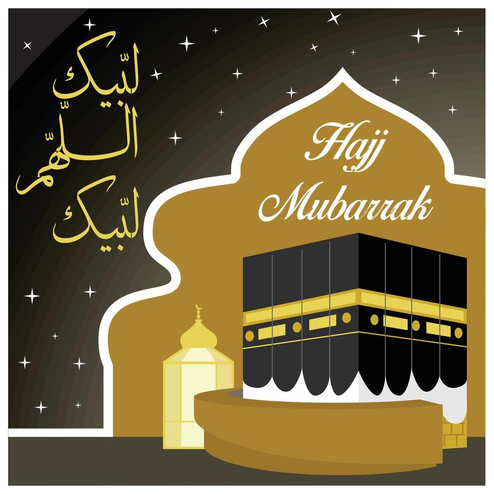 Hajj Mubarak greeting card with Kaaba. Labaikallahumma labbaik Arabic calligraphy. Islamic Hajj concept. Flat illustration. vector