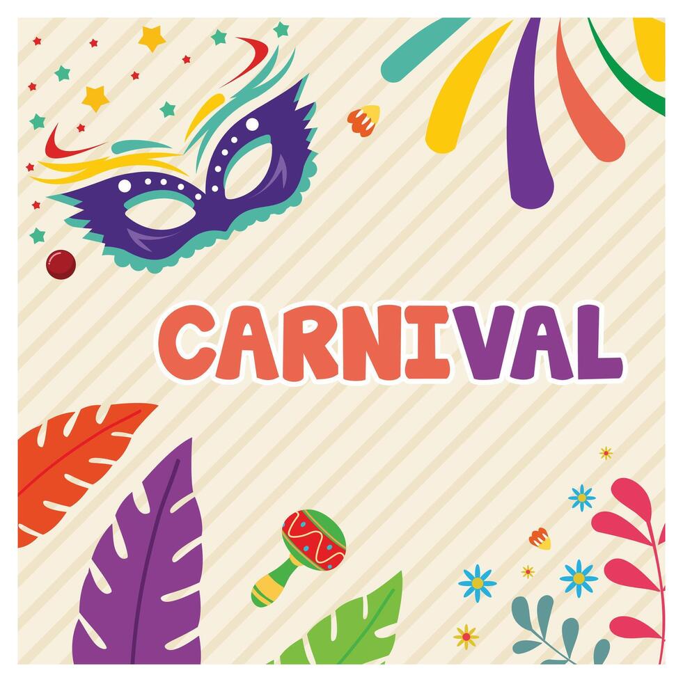 Brazilian carnival party with samba music. Brazilian people wear traditional costumes and feather masks. Carnival party concept. Flat illustration. vector