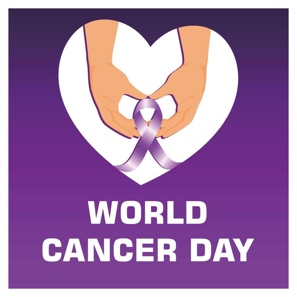 Hands form a heart shape and hold an awareness ribbon. Purple background. World Cancer Day concept. Flat illustration. vector