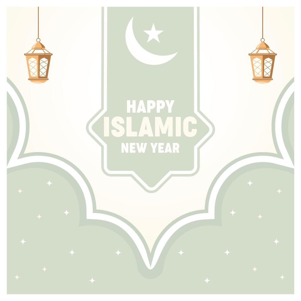 Mosque arch with lantern, moon, and stars. Elegant Islamic decoration design. Happy New Hijri Year concept. Flat illustration. vector