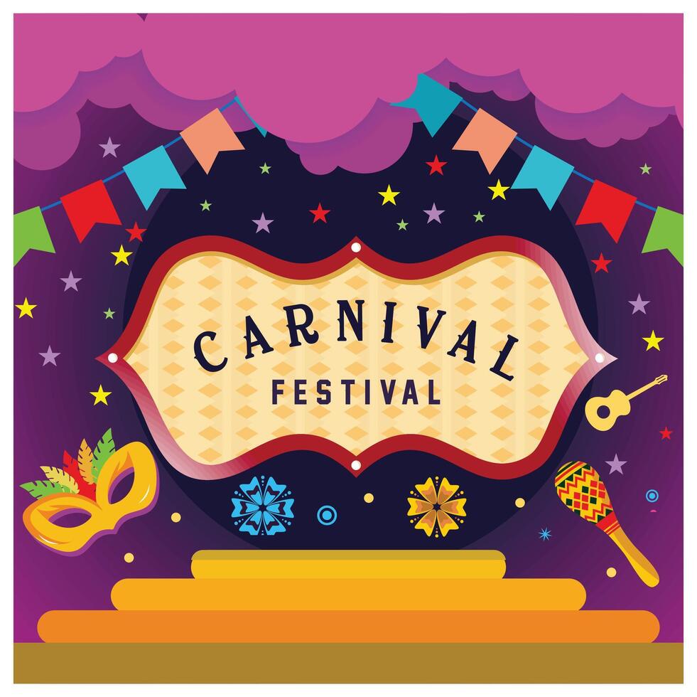 Carnival party with circus stage. Feather masks and musical instruments with strings of flags. Carnival party concept. Flat illustration. vector