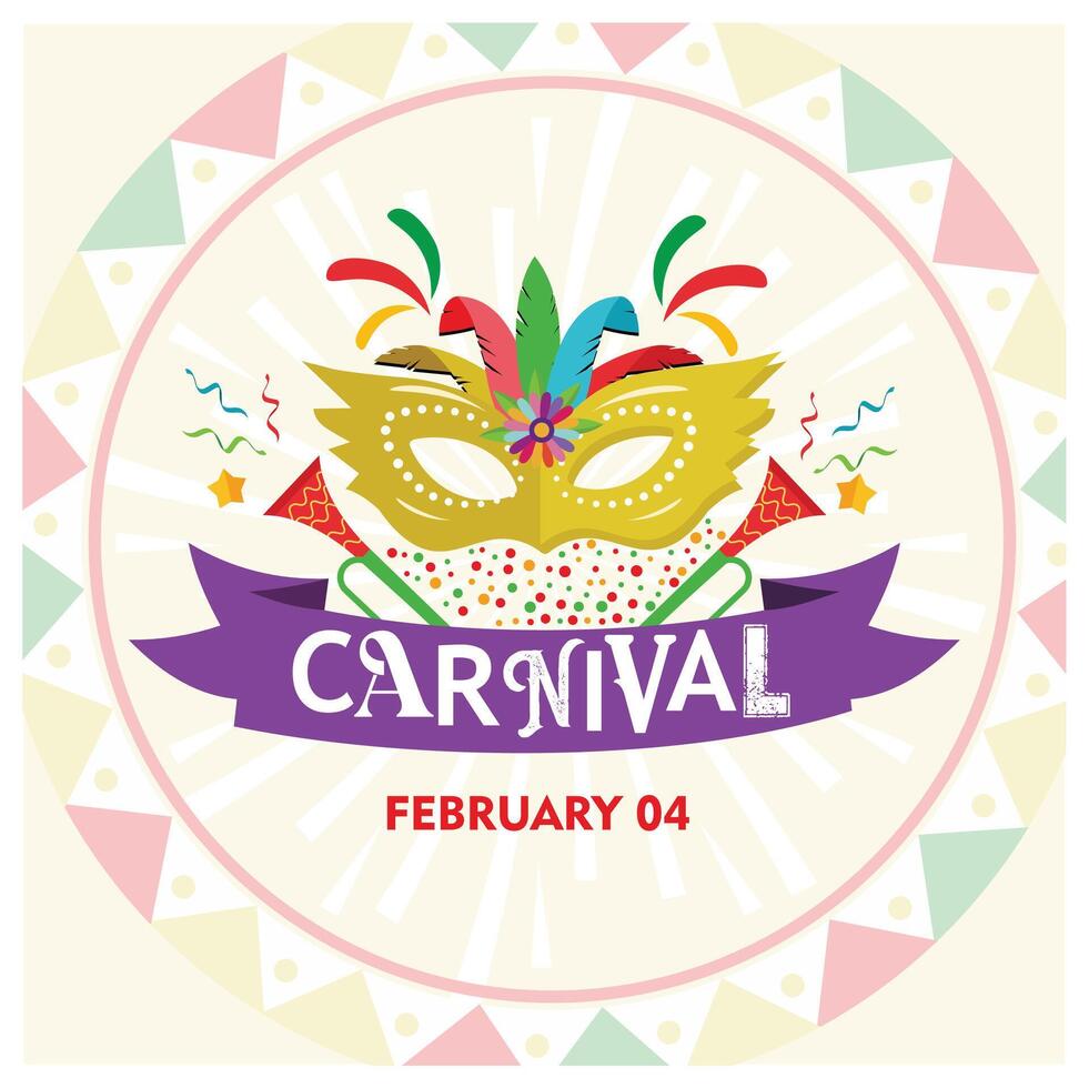 Carnival celebration in Brazil with traditional masks and trumpets. Festive festival with confetti. Carnival party concept. Flat illustration. vector