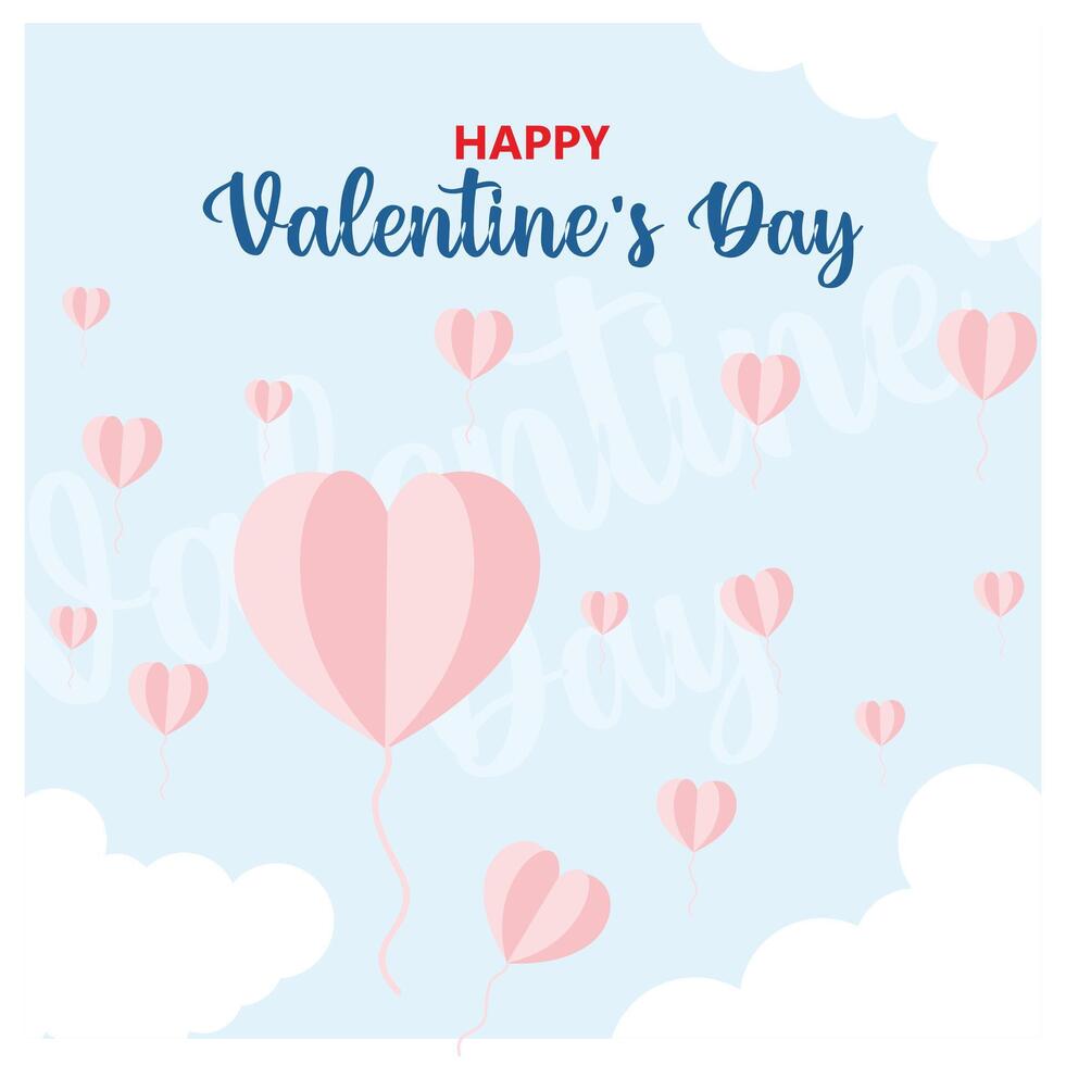 Heart-shaped pieces of paper flying in the sky. Blue sky and white clouds background. Valentine's Day 2025 concept. Flat illustration. vector