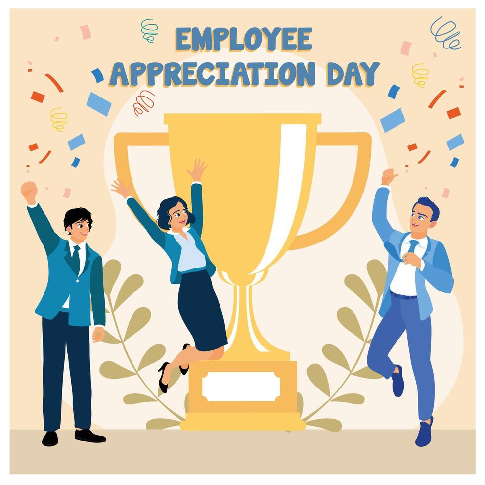 A happy employee with a golden trophy. Recognition and appreciation for the best employees. Employee Appreciation Day concept. Flat illustration. vector