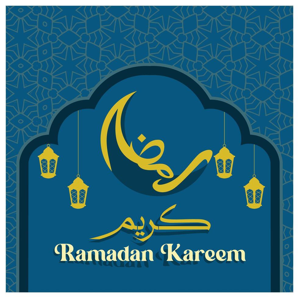 Arabic calligraphy in the shape of a crescent moon. Hanging lantern with mosque arch. Ramadan concept. Flat illustration. vector