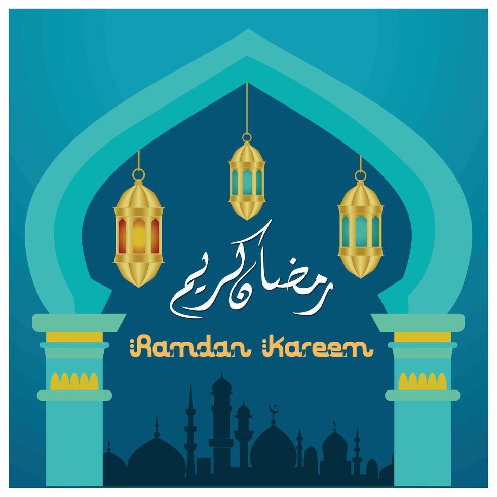 Mosque arch and hanging lanterns for Ramadan greeting cards. Silhouette of the mosque in the background. Ramadan concept. Flat illustration. vector