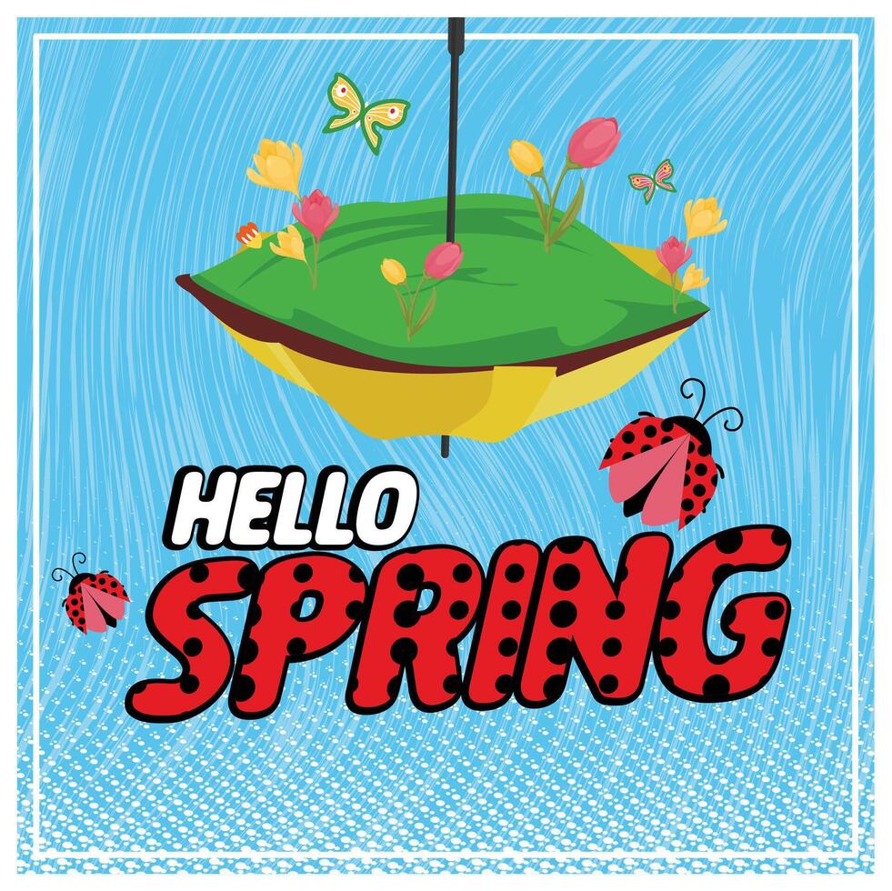 Cheerful spring. Umbrellas, flowers, ladybugs, and butterflies in the background. Spring Flourishing concept. Flat illustration. vector