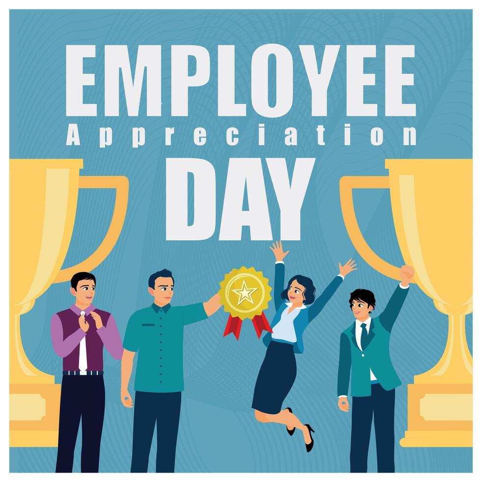 Happy business team with a golden trophy. Awards for the best employees. Employee Appreciation Day concept. Flat illustration. vector