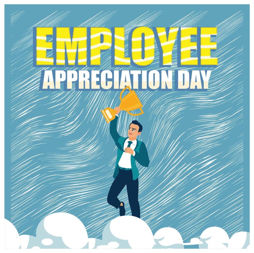 Young businessman holding the trophy. Employees get gifts from managers. Employee Appreciation Day concept. Flat illustration. vector