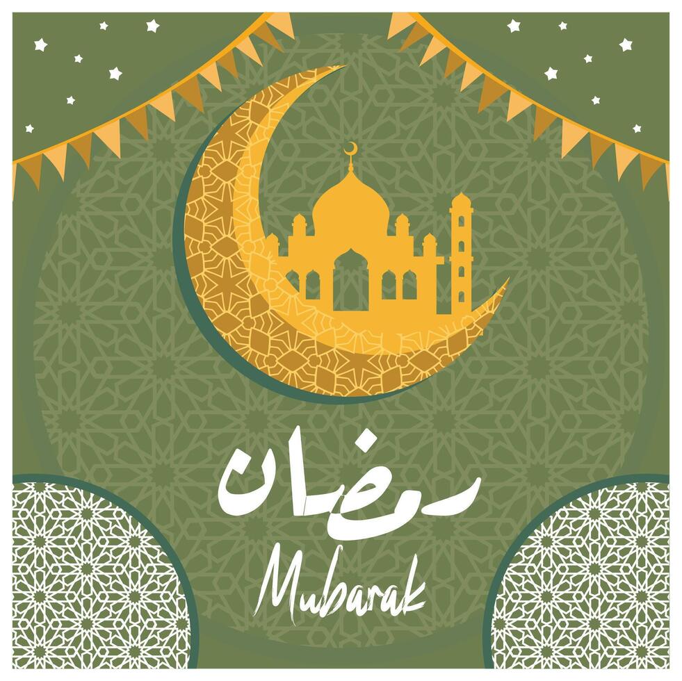 Crescent moon and mosque for Islamic holidays. Hanging flag garland decoration. Ramadan concept. Flat illustration. vector