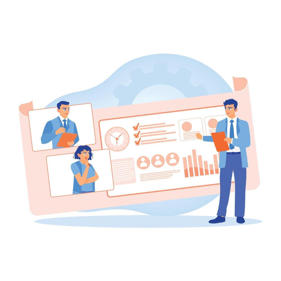 The business team analyzes workflow processes. Increase office productivity. Project implementation concept. vector