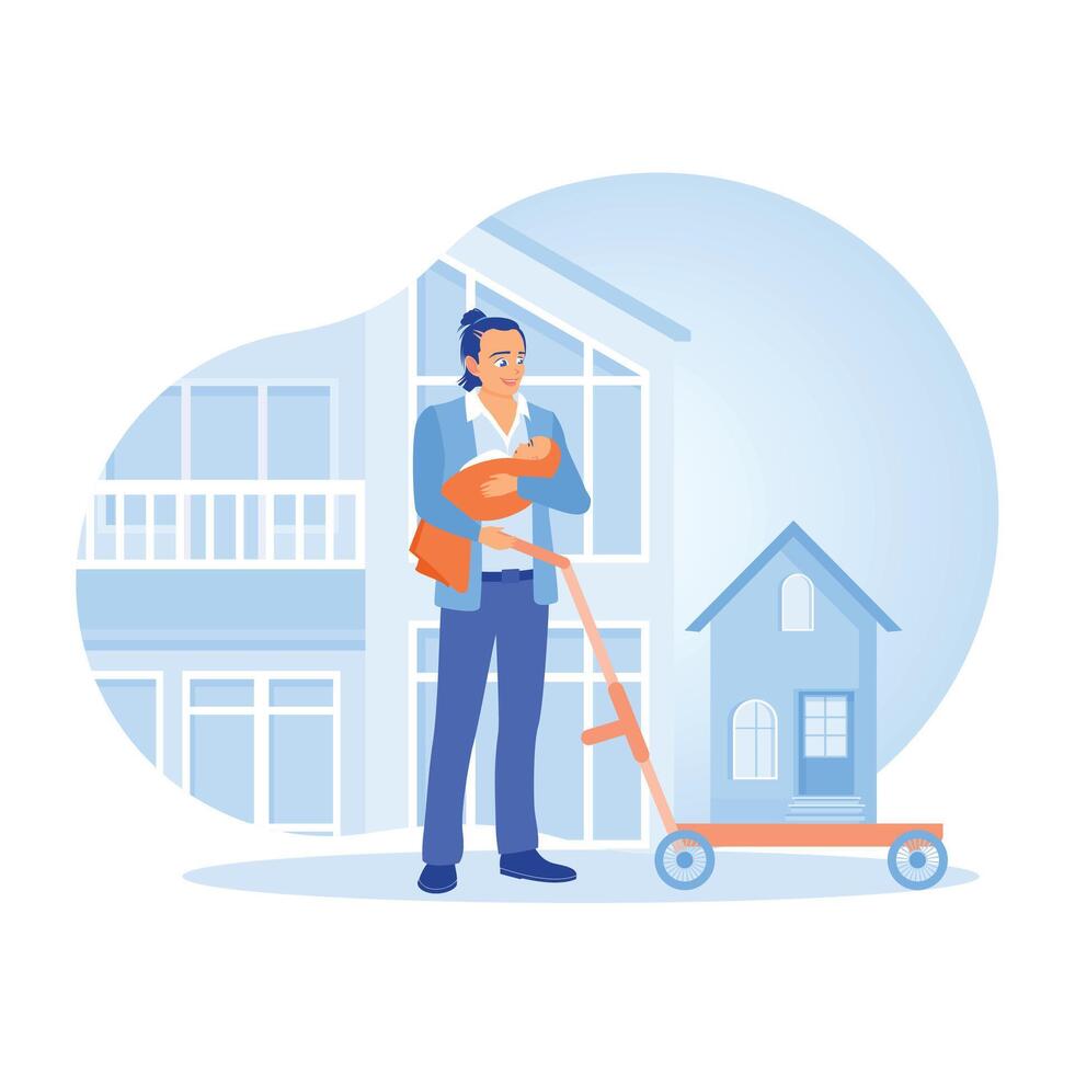 A father is on leave from work. Taking care of the baby and doing housework. Family lifestyle activity concept. vector