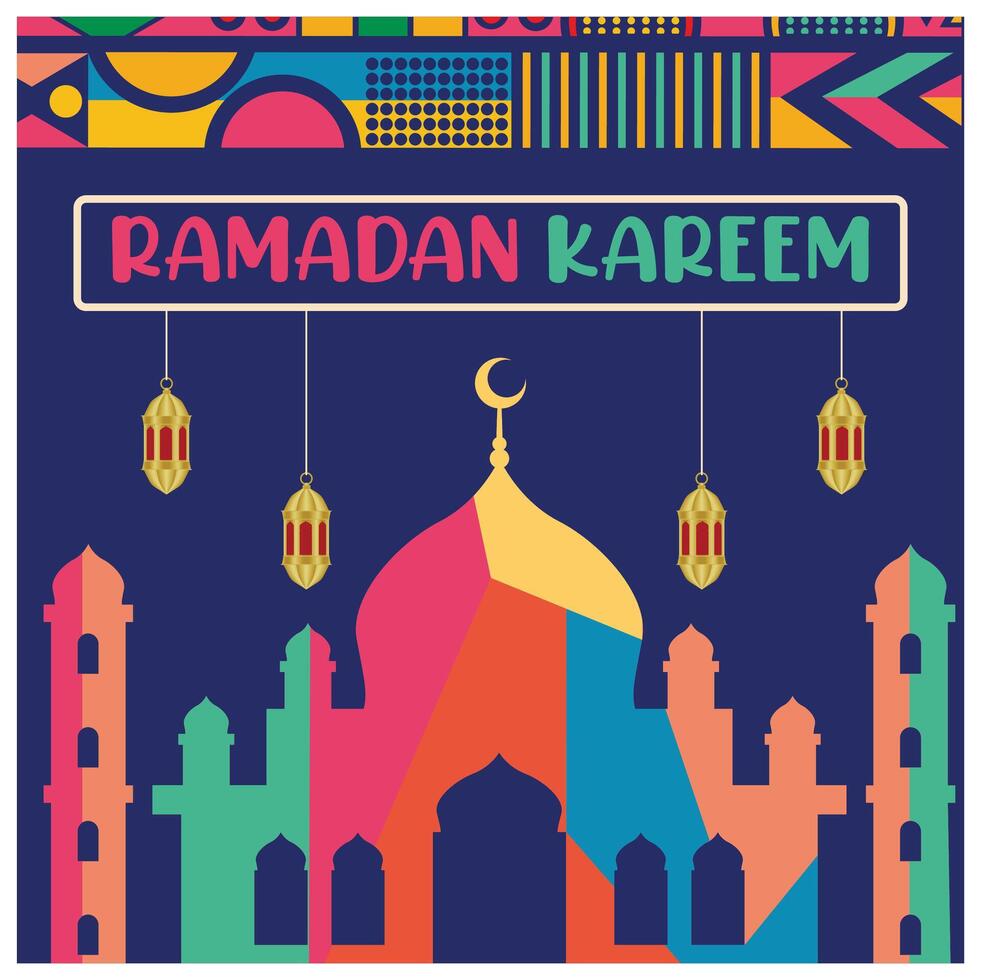 Ramadan greeting card with geometric pattern. Mosque background and hanging lanterns. Ramadan concept. Flat illustration. vector