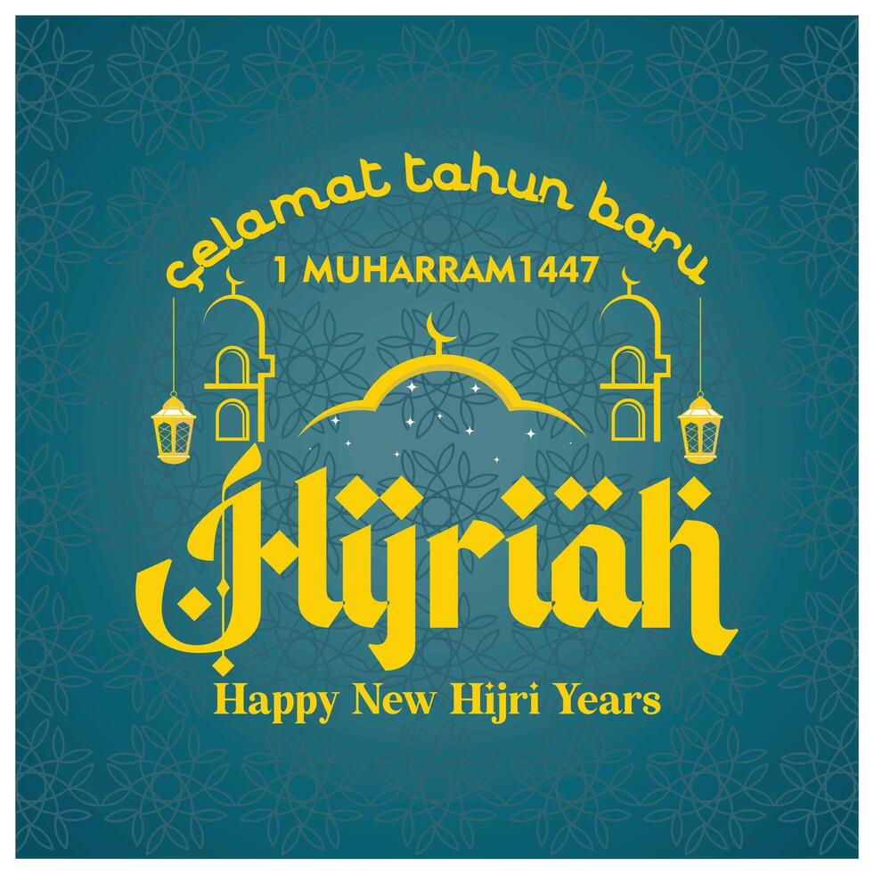 Hijri New Year greeting card with mosque and lanterns. Islamic New Year celebration. Happy New Hijri Year concept. Flat illustration. vector
