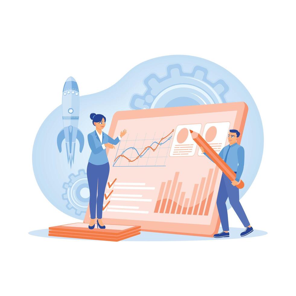 Businessman and colleagues analyzing business. Improve workflow processes. Project implementation concept. vector