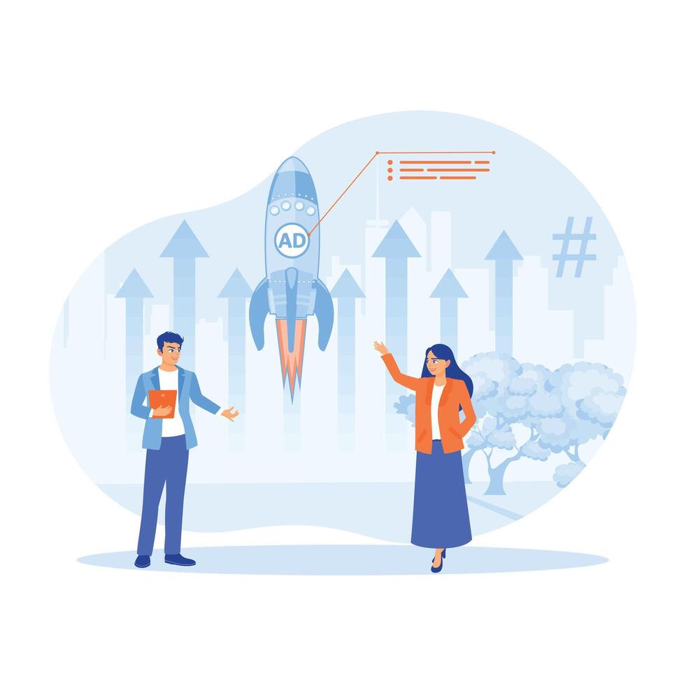 Businessmen and colleagues are starting a new business project. Improve marketing strategies. Launching Advertising Campaign concept. vector