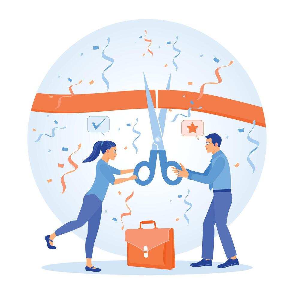 Businessmen and colleagues are cutting red tape. Starting a new business. Launching Advertising Campaign concept. vector