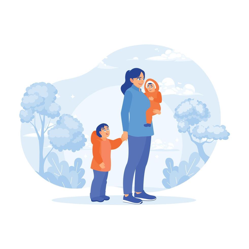 Young mother with her children. A mother takes care of and cares for children. Family lifestyle activity concept. vector
