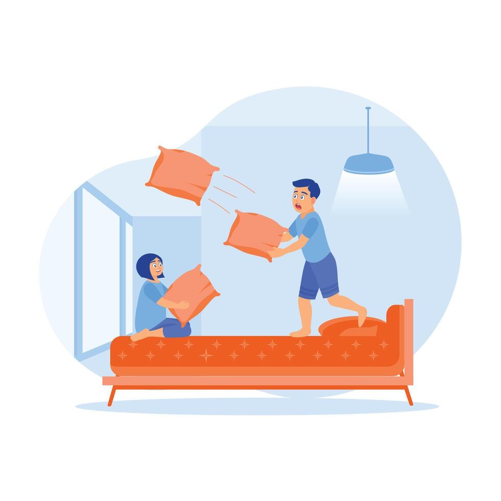 Boy and girl playing with pillows on the bed. Siblings play together. Family lifestyle activity concept. vector