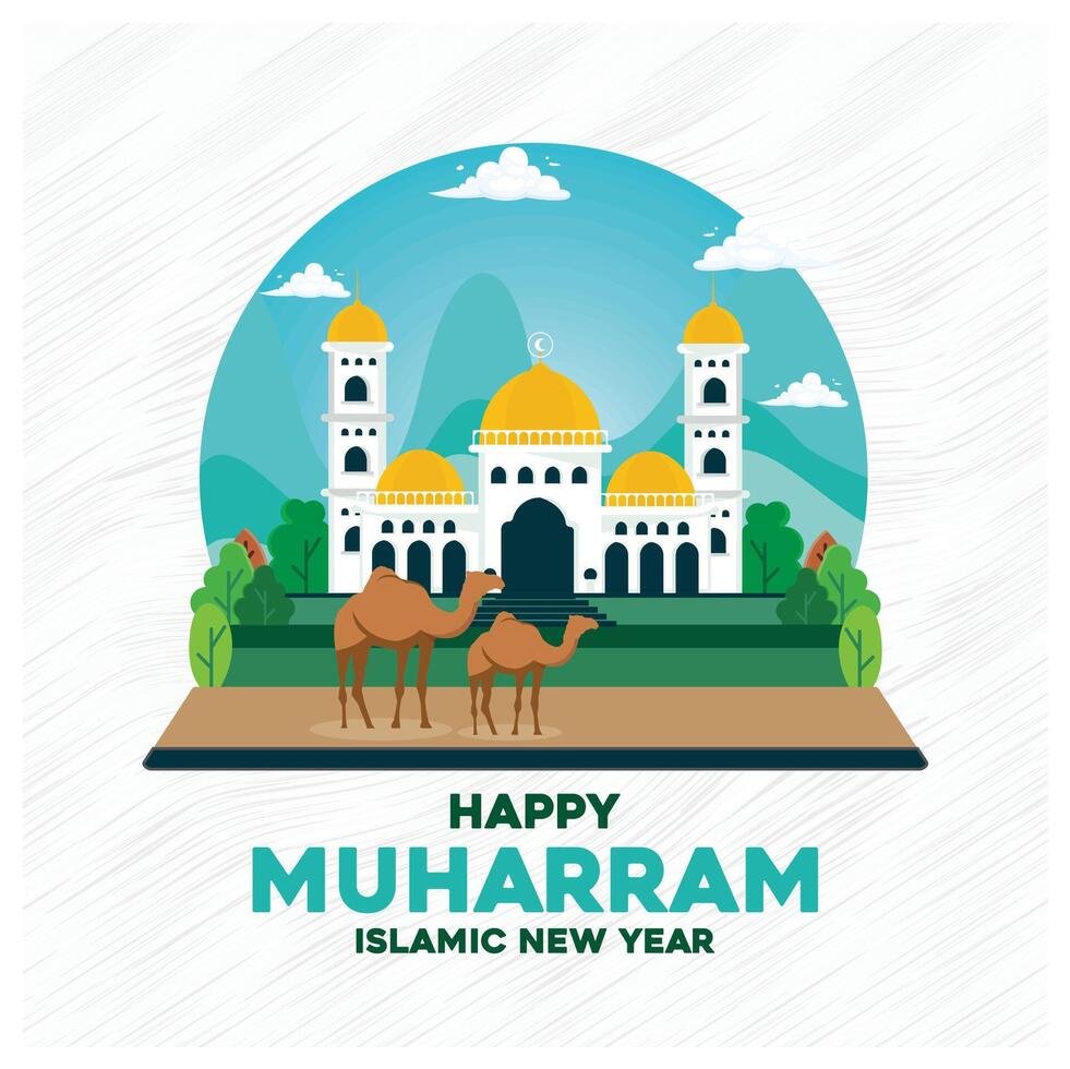 Islamic New Year with camels in front of the mosque. 1 Muharram, Islamic New Year. Happy New Hijri Year concept. Flat illustration. vector