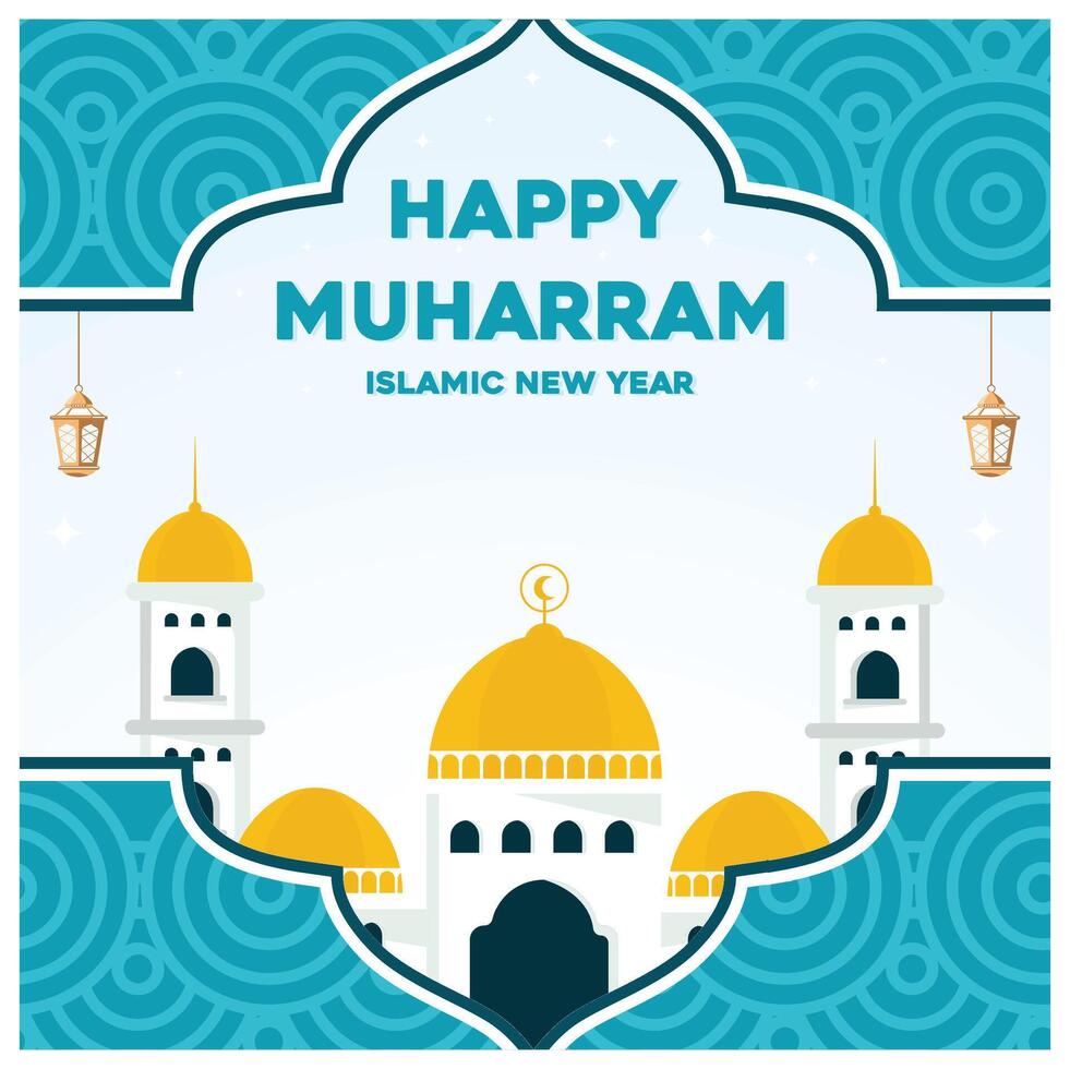 Mosque with a gold dome. Islamic New Year, 1 Muharram. Happy New Hijri Year concept. Flat illustration. vector