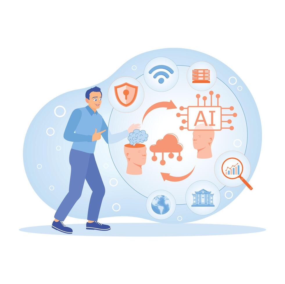 Man with AI automated chatbot. Improve workflow processes. Project implementation concept. vector