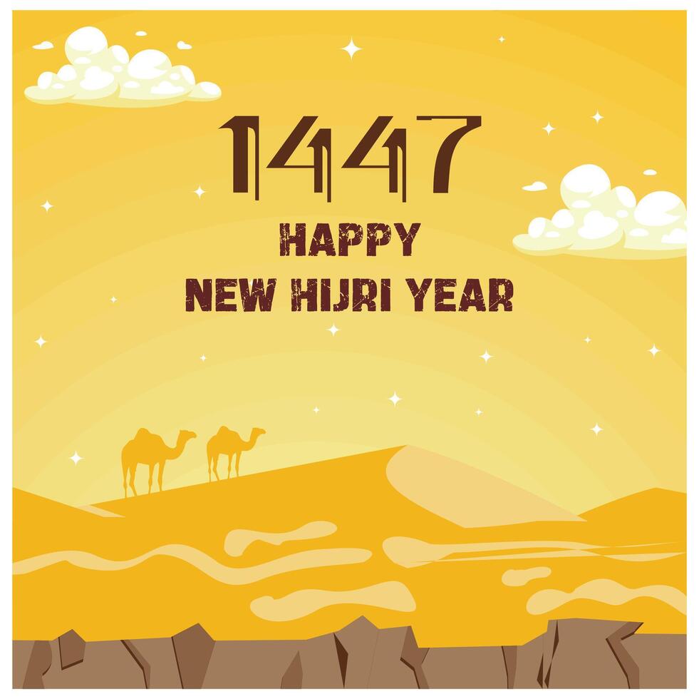 Islamic New Year celebration 1447 Hijriah. Camel in the desert with white clouds in the sky. Happy New Hijri Year concept. Flat illustration. vector