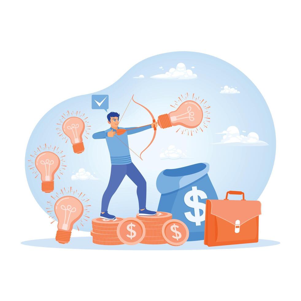 Entrepreneur launches new business project. Man aiming at a target. Launching Advertising Campaign concept. vector
