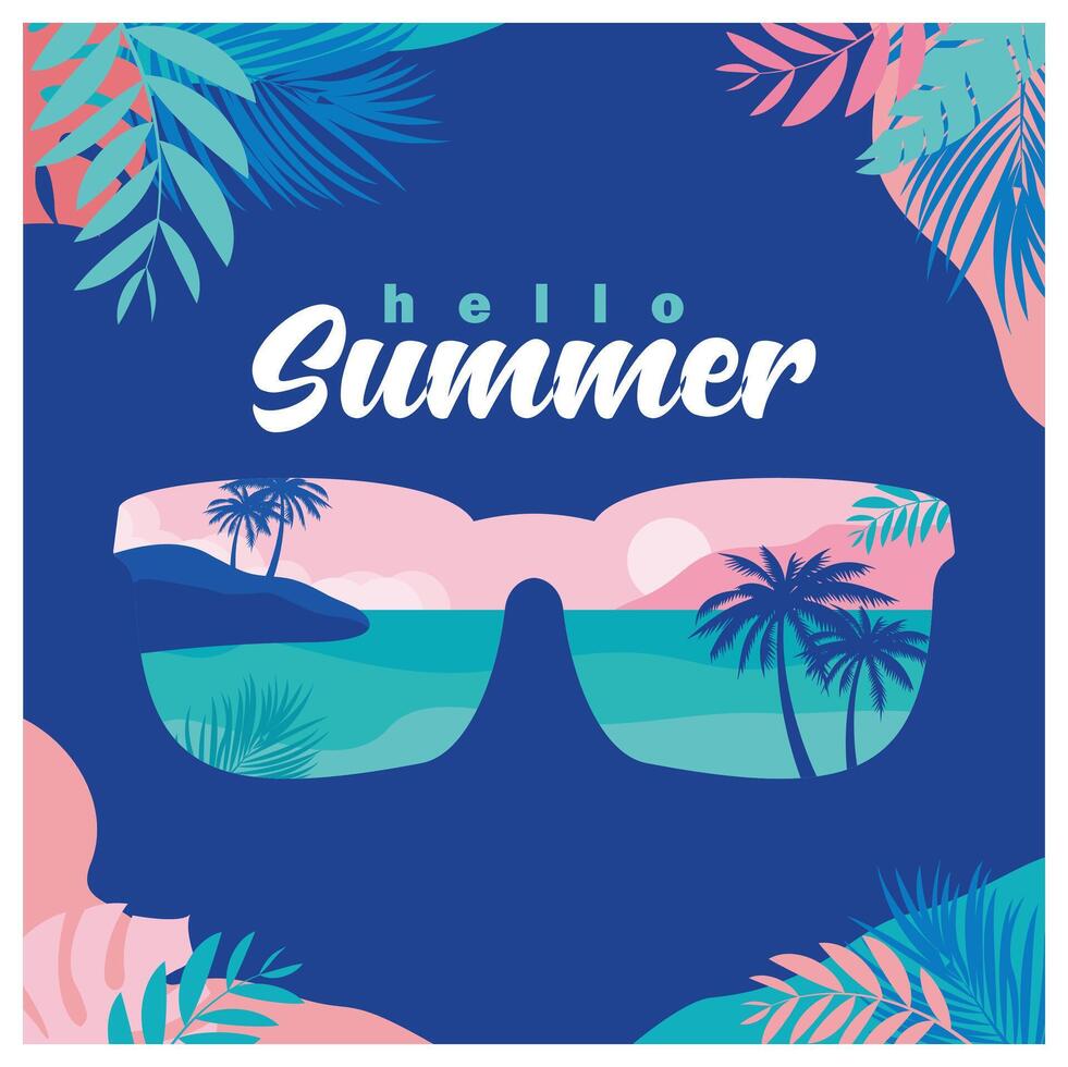 Summer beach with sunglasses. Sea panorama with summer leaves and trees. Summer concept. vector