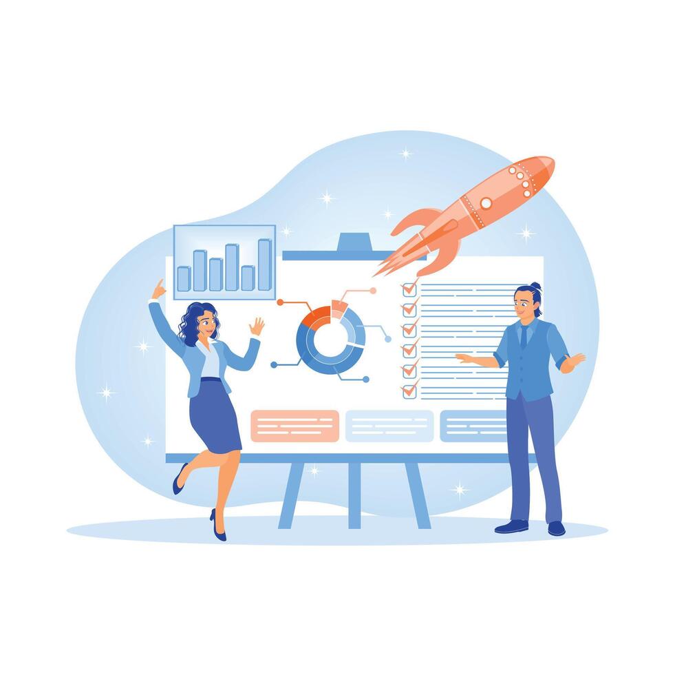 The business team carries out the project closing process. Ensure work is done on time. Project implementation concept. vector