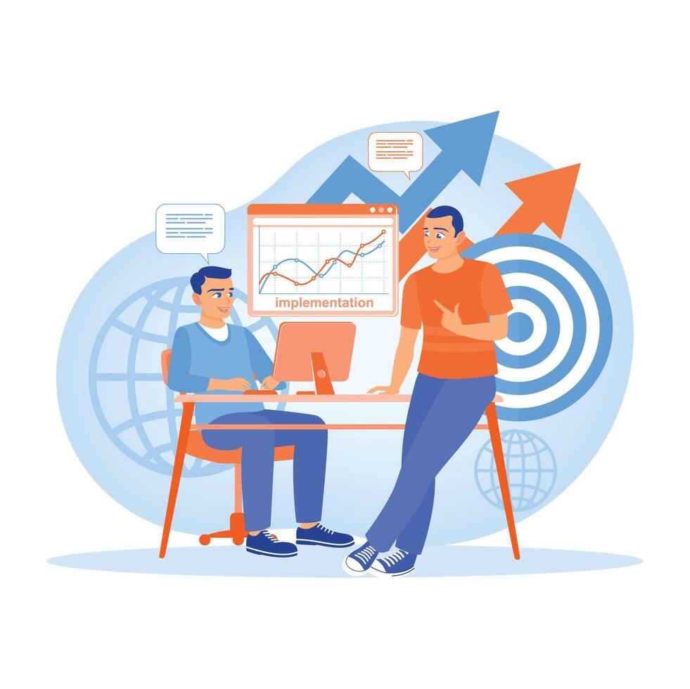 Businessmen and colleagues analyzing graphs in front of computer. Evaluate work processes. Project implementation concept. vector