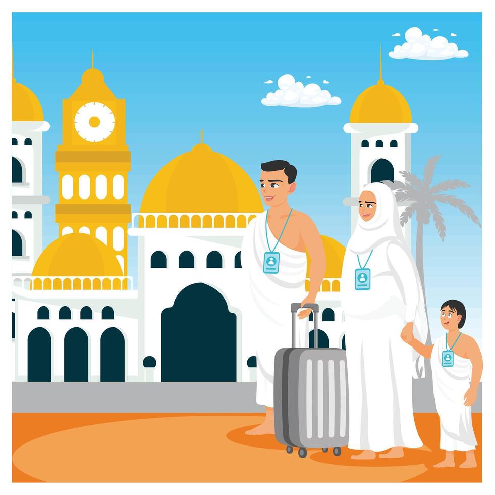 Muslim families wearing ihram clothes while carrying suitcases. Muslims perform the Hajj pilgrimage. Islamic Hajj Pilgrimage concept. Flat illustration. vector