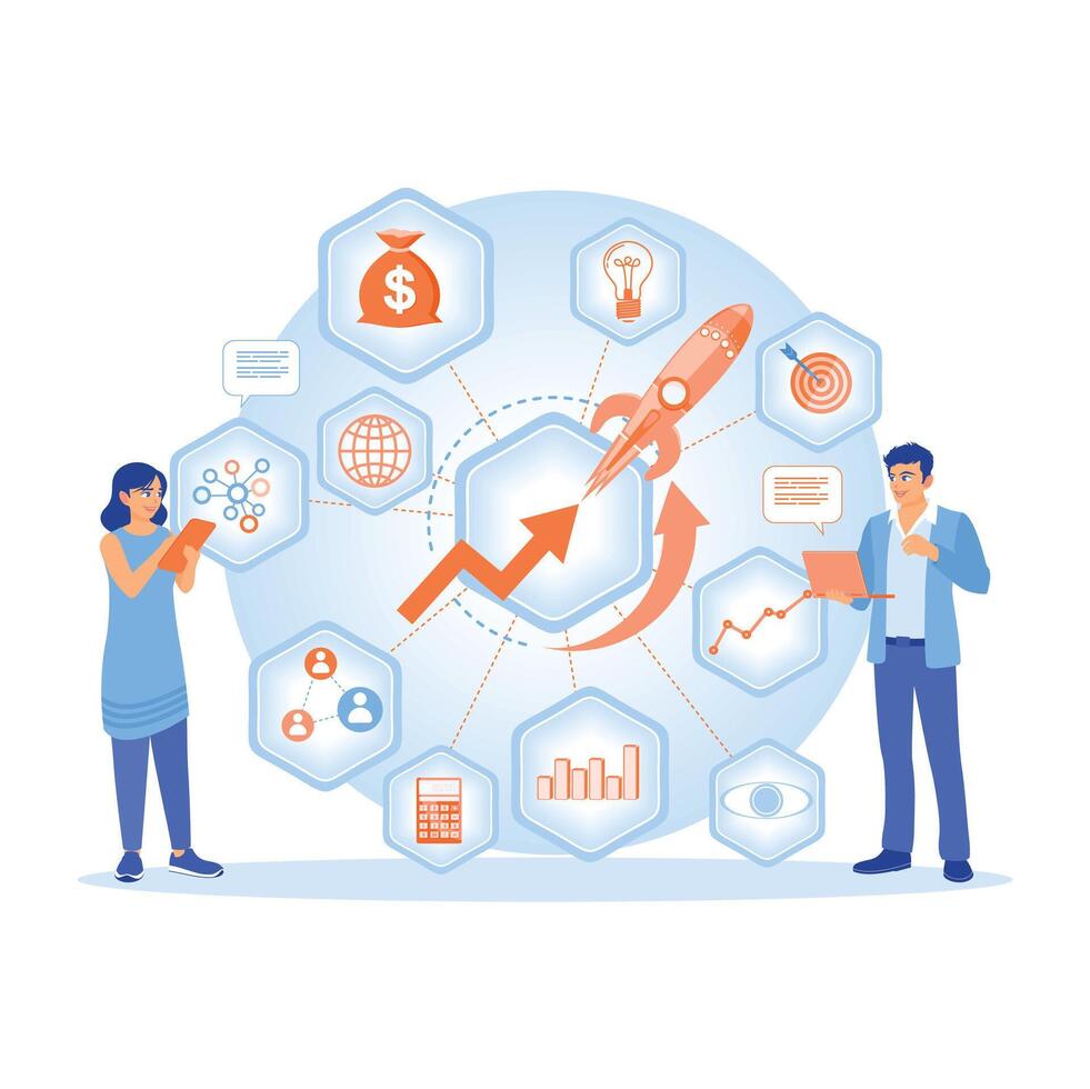 Businessmen and colleagues analyzing information data. Businessman launching a new project. Time to launch concept. vector