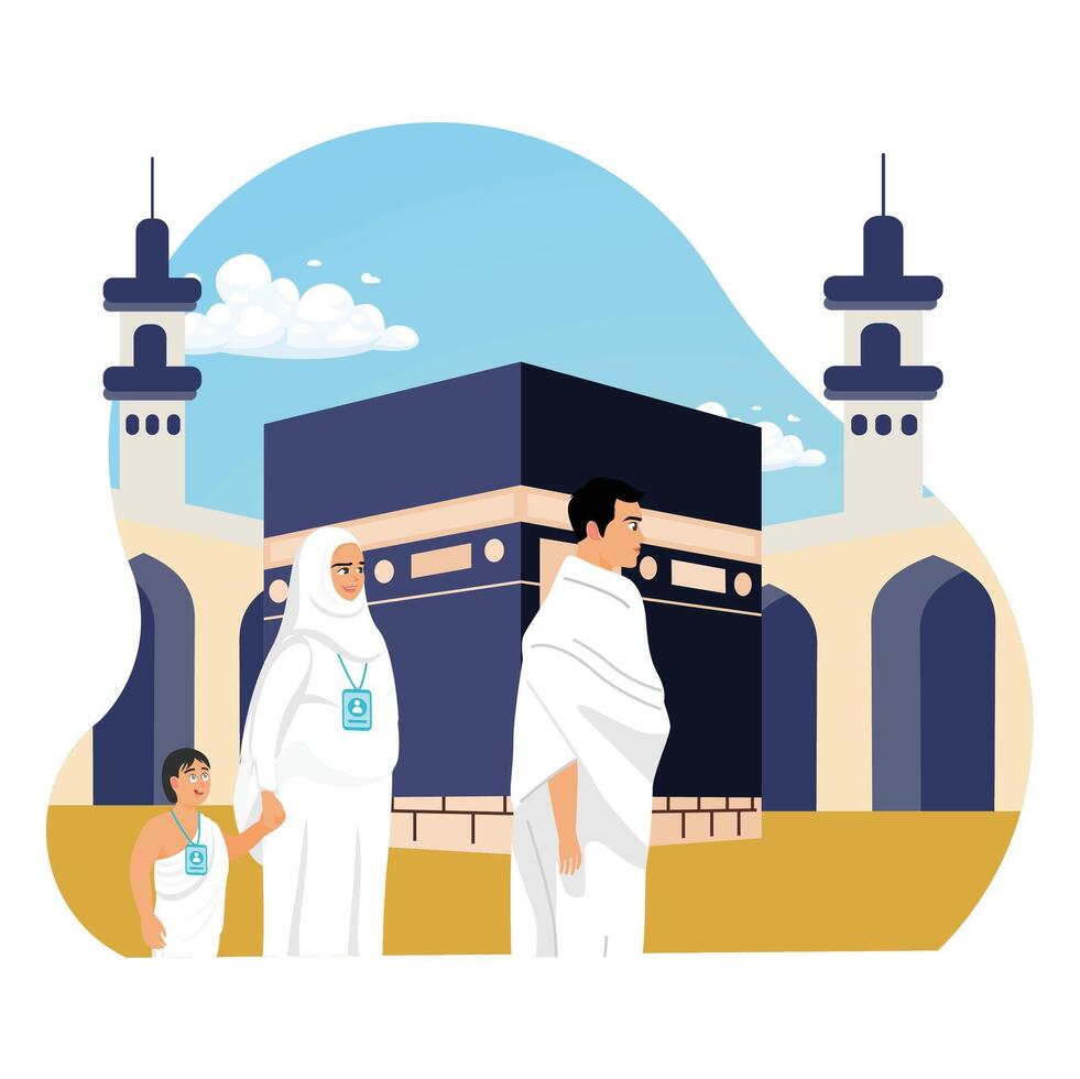 Muslim family performs the Hajj pilgrimage. Pilgrims perform tawaf, circling the Kaaba seven times. Islamic Hajj Pilgrimage concept. Flat illustration. vector
