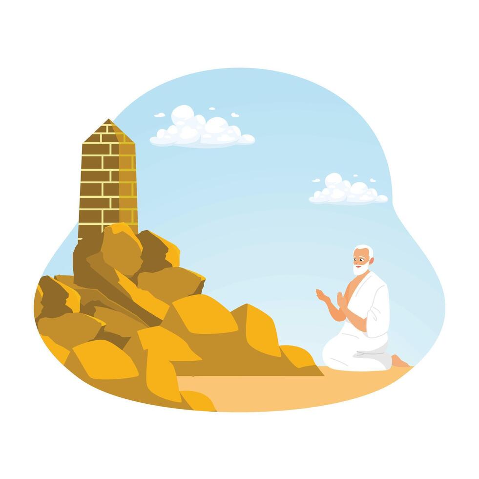 Hajj pilgrims pray on Mount Arafah. Be silent and pray in the field of Arafat. Islamic Hajj Pilgrimage concept. Flat illustration. vector