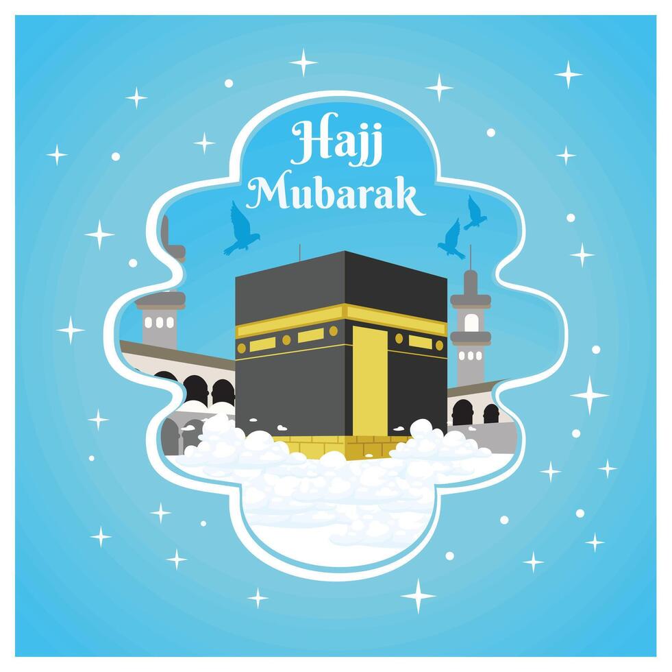 Hajj Mubarak greeting card with Kaaba and mosque minaret. Celebration of the Hajj pilgrimage in Mecca. Islamic Hajj concept. Flat illustration. vector