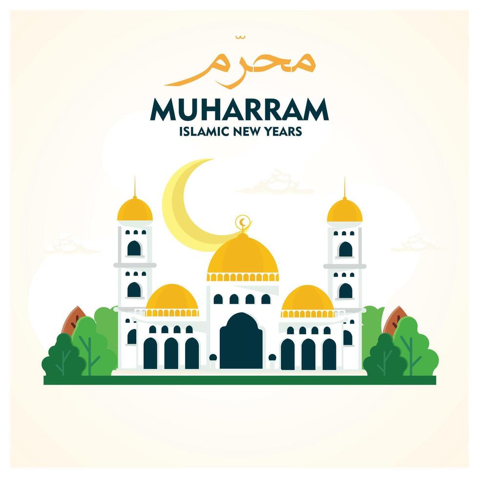 Happy Islamic New Year. Muharram text with the elegant mosque. Happy New Hijri Year concept. Flat illustration. vector