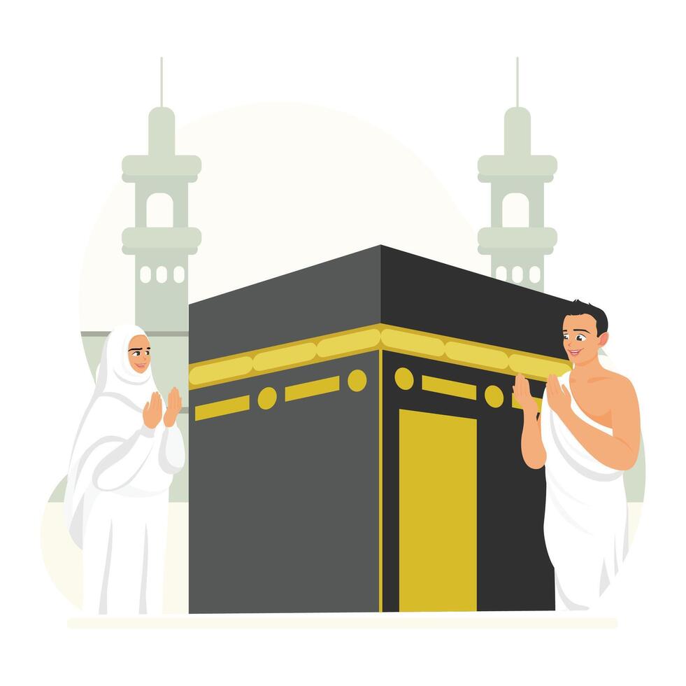Muslims perform the Hajj pilgrimage. A Muslim couple praying in front of the Kaaba. Islamic Hajj Pilgrimage concept. Flat illustration. vector