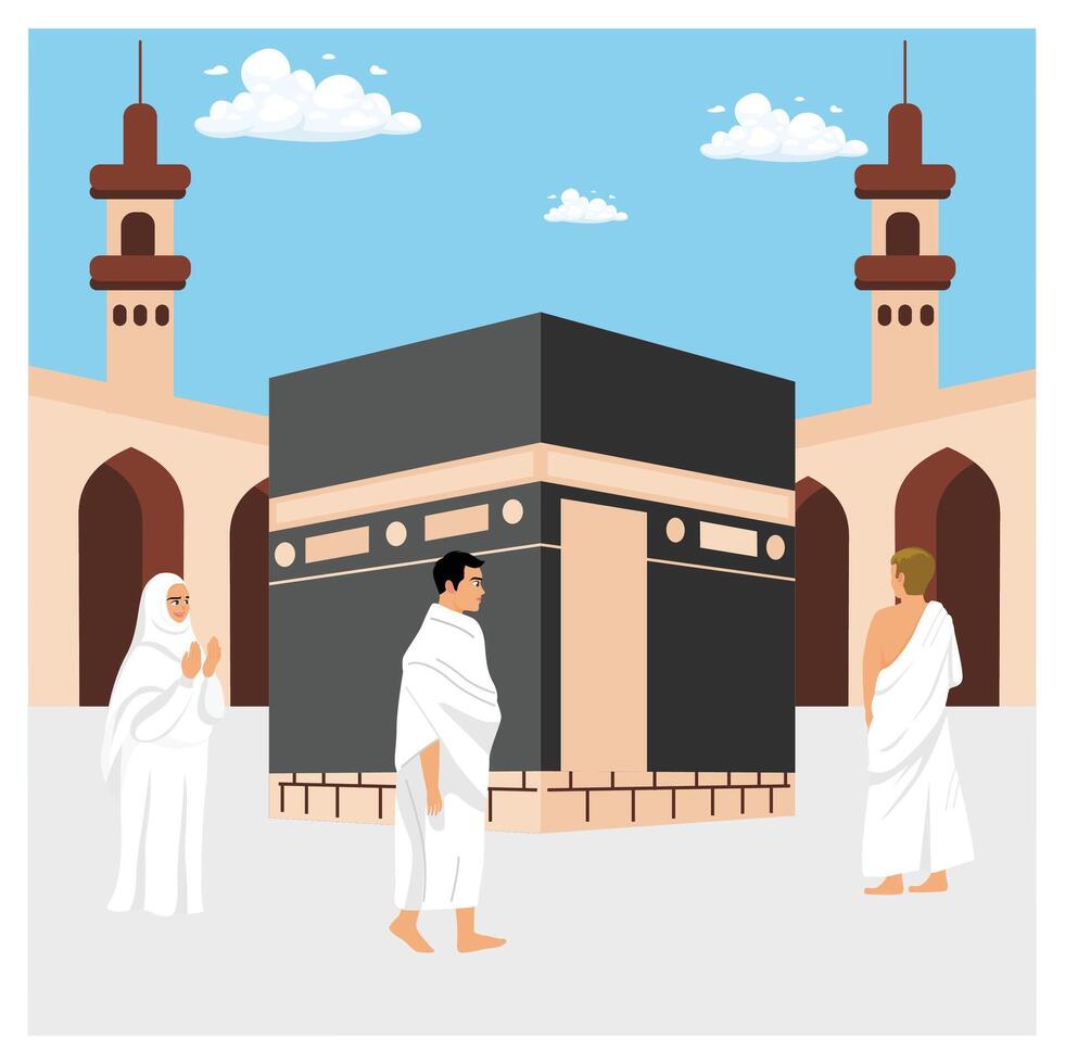 One part of the Hajj pilgrimage is tawaf. Pilgrims walk around the Kaaba seven times. Islamic Hajj Pilgrimage concept. Flat illustration. vector