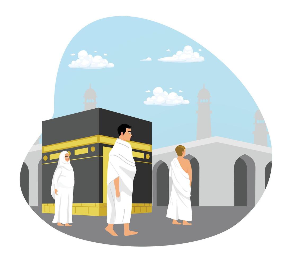 Muslims perform the Hajj pilgrimage. Hajj pilgrims pray in front of the Kaaba. Islamic Hajj Pilgrimage concept. Flat illustration. vector