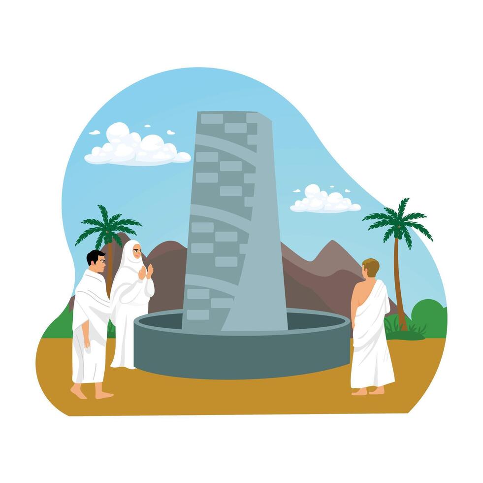 Muslims on the pilgrimage. Hajj pilgrims pray on the field of Arafat. Islamic Hajj Pilgrimage concept. Flat illustration. vector
