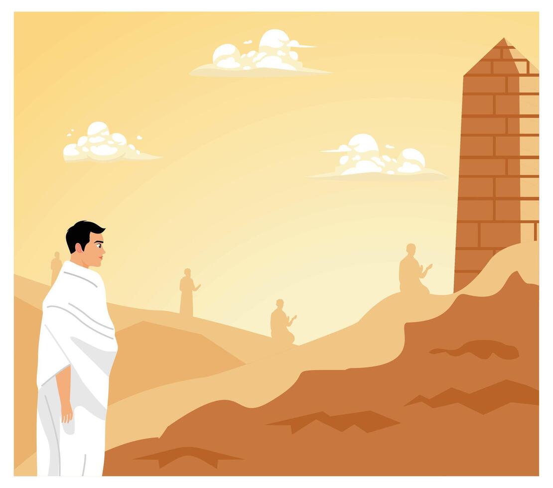 Muslims perform the Hajj pilgrimage. Muslim man praying in the Jabal Rahmah mountains. Islamic Hajj Pilgrimage concept. Flat illustration. vector