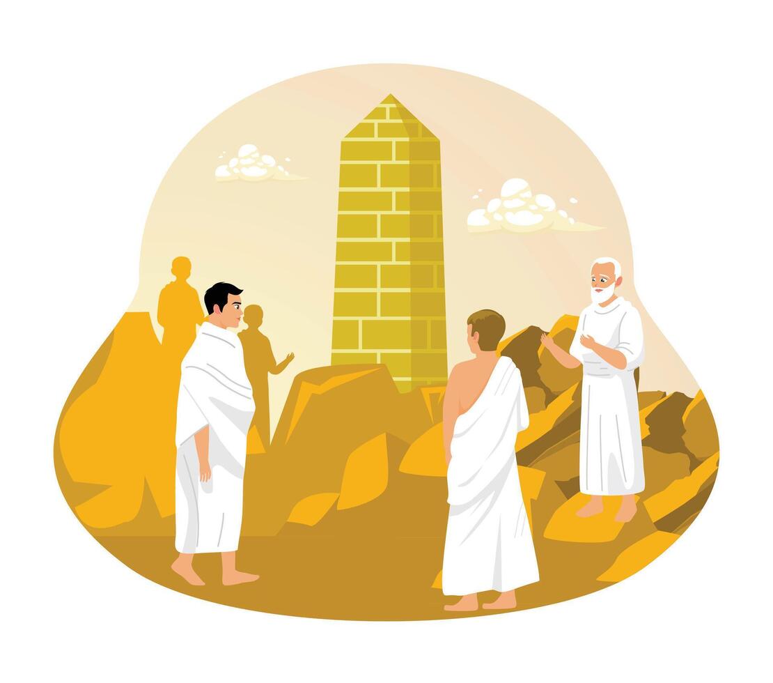 One part of the Hajj pilgrimage is wukuf. Hajj pilgrims pray or remain silent in Arafat. Islamic Hajj Pilgrimage concept. Flat illustration. vector