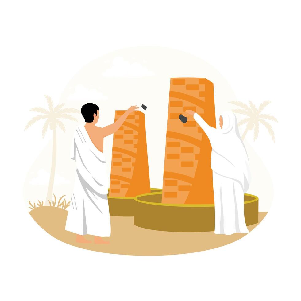 One part of the Hajj pilgrimage is throwing the Jumrah. Pilgrims throw stones at Satan's pillars. Islamic Hajj Pilgrimage concept. Flat illustration. vector