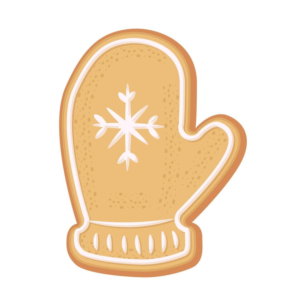 Christmas gingerbread cookie mitten shape decorated with icing. Illustration of a holiday treat on a white background. vector