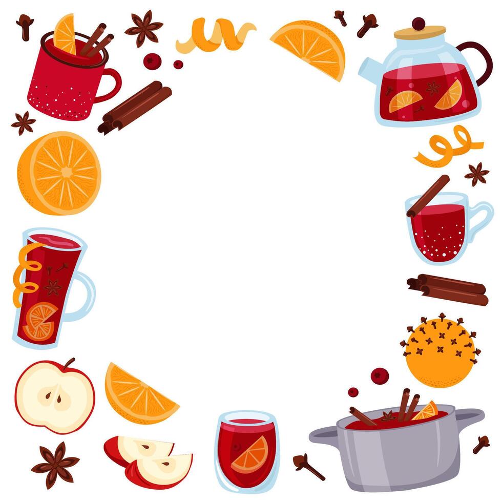 Winter drink border frame. Mulled wine ingredients. Red wine, citrus, spices. Punch in glasses, mugs, pot. vector