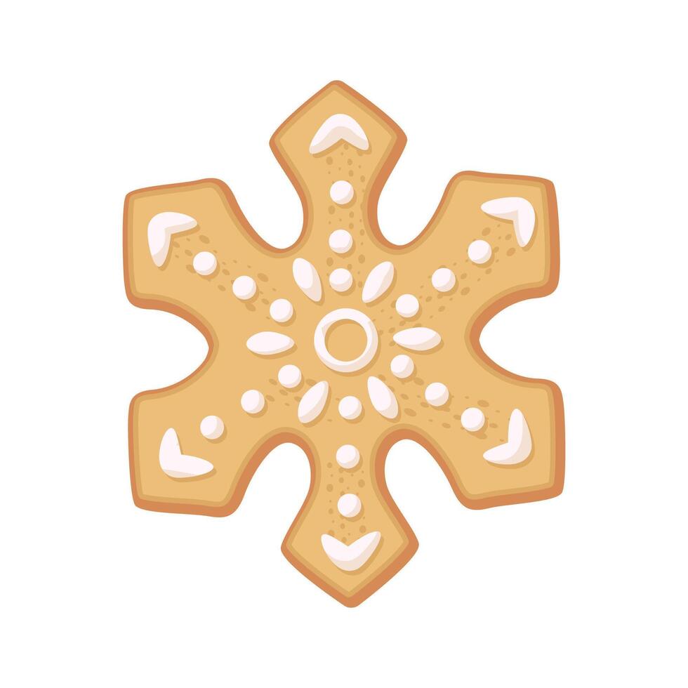 Christmas gingerbread cookie snowflake shape decorated with icing. Illustration of a holiday treat on a white background. vector