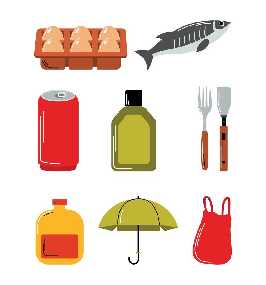 Illustration of Hand Drawn Daily Needs Grocery Set. Essential Shopping Items vector